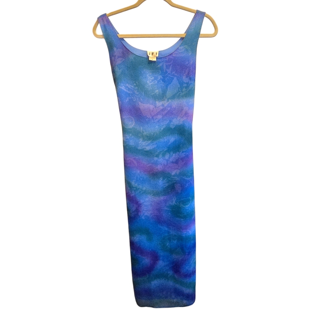 Vintage Maxi Dress 70s 80s Sheer Tie Back Blue Purple Floral Dyed Size Small IFI
